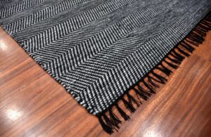 Black and White Herringbone Flatweave Rug With hand Tied Fringe