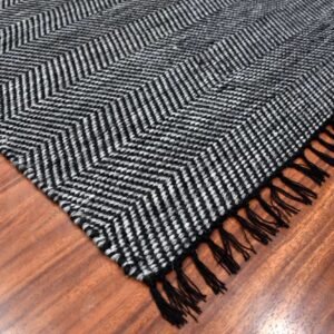 Black and White Herringbone Flatweave Rug With hand Tied Fringe