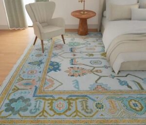 Ivory Pastel Geometric Floral Handwoven Area Rug with Ornate Border