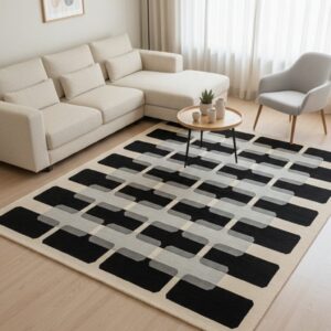 Modern Geometric Black Grey Grid Hand Tufted Rug