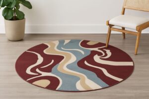Modern Round Abstract Flow Burgundy Hand Tufted Rug