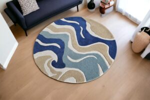 Modern Round Abstract Wave Blue Hand Tufted Rug
