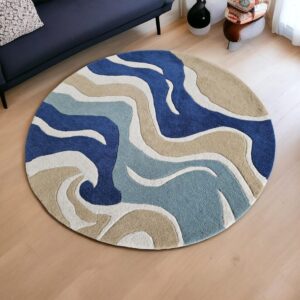 Modern Round Abstract Wave Blue Hand Tufted Rug