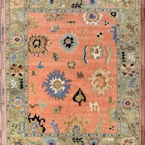 Vibrant Coral Floral Handcrafted Traditional Rug with Decorative Border