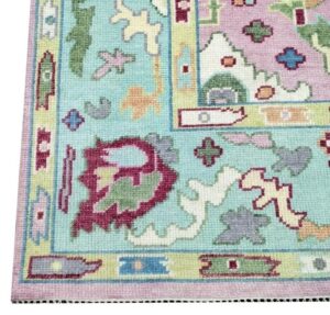 Pastel Pink & Aqua Traditional Floral Handwoven Statement Rug