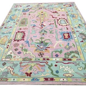Pastel Pink & Aqua Traditional Floral Handwoven Statement Rug