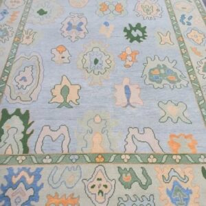 Soft Blue Pastel Abstract Floral Handwoven Traditional Rug