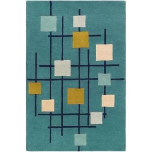 Modern Geometric Grid Teal Hand Tufted Rug