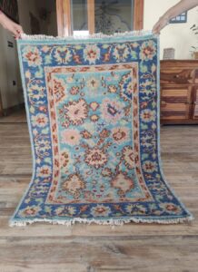 Vintage Floral Medallion Hand Tufted Wool Rug in Soft Blue & Beige