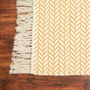 Handwoven Chevron Pattern Rug with Tassels in Ivory & Mustard