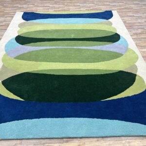 Modern Layered Oval Abstract Green & Blue Hand Tufted Rug