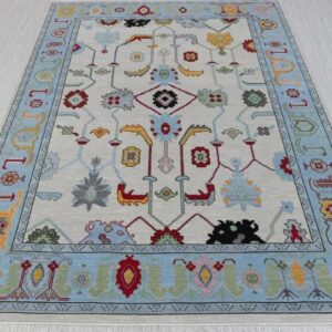 Modern Pastel Tribal Geometric Knotted Wool Rug with Blue Border
