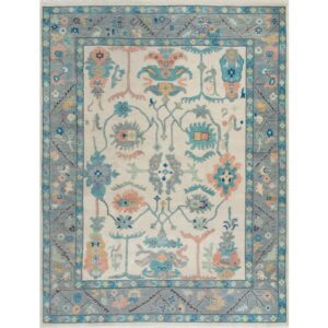 Elegant Pastel Tribal Floral Hand Knotted Wool Rug with Soft Blue Border