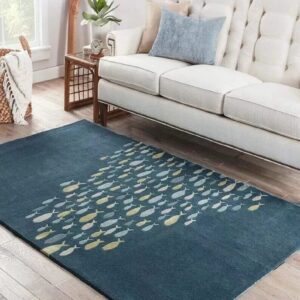 Modern Teal Fish School Abstract Hand Tufted Rug