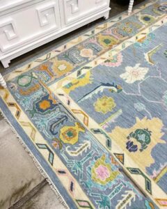 Sky Blue Pastel Floral Handwoven Area Rug with Decorative Border