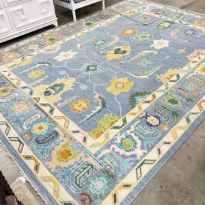 Sky Blue Pastel Floral Handwoven Area Rug with Decorative Border