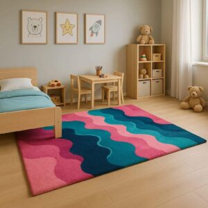Modern Abstract Fluid Multicolor Pink & Teal Hand Tufted Rug