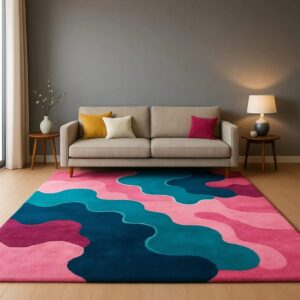 Modern Abstract Fluid Multicolor Pink & Teal Hand Tufted Rug