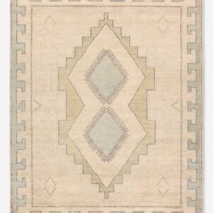 Hand Knotted Oushak Area Rug – Beige Geometric Diamond Pattern Wool Rug | Handmade Modern Vintage Carpet for Living Room, Bedroom & Hallway